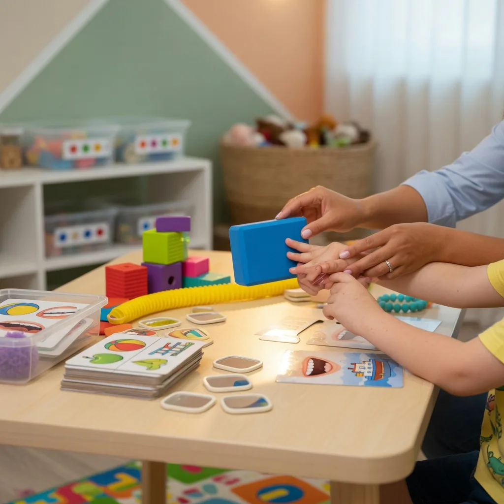 A speech therapy session with colorful materials on a table in a modern pediatric clinic