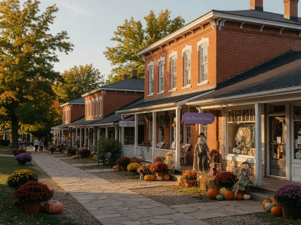 Gardner Village in West Jordan Utah in early autumn with historic red brick mill buildings, boutique shops, pumpkins and scarecrow displays along stone pathways, and trees beginning to turn gold