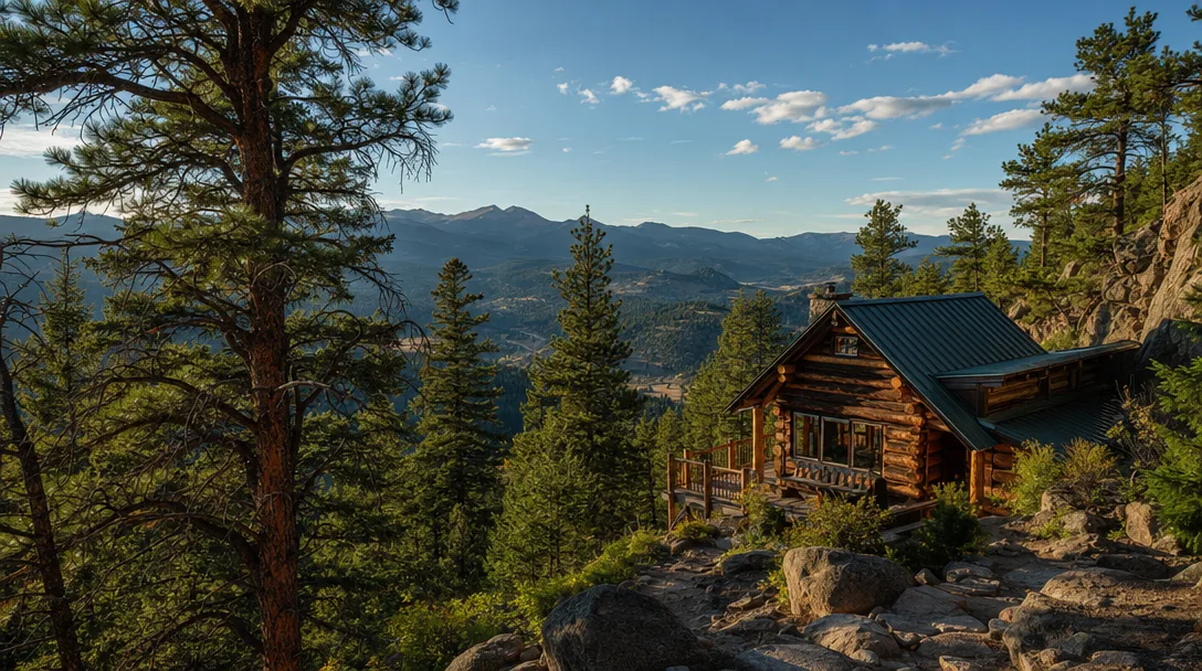 Rustic mountain cabin in Sugarloaf with forested hills, ponderosa pines, and Continental Divide mountain views