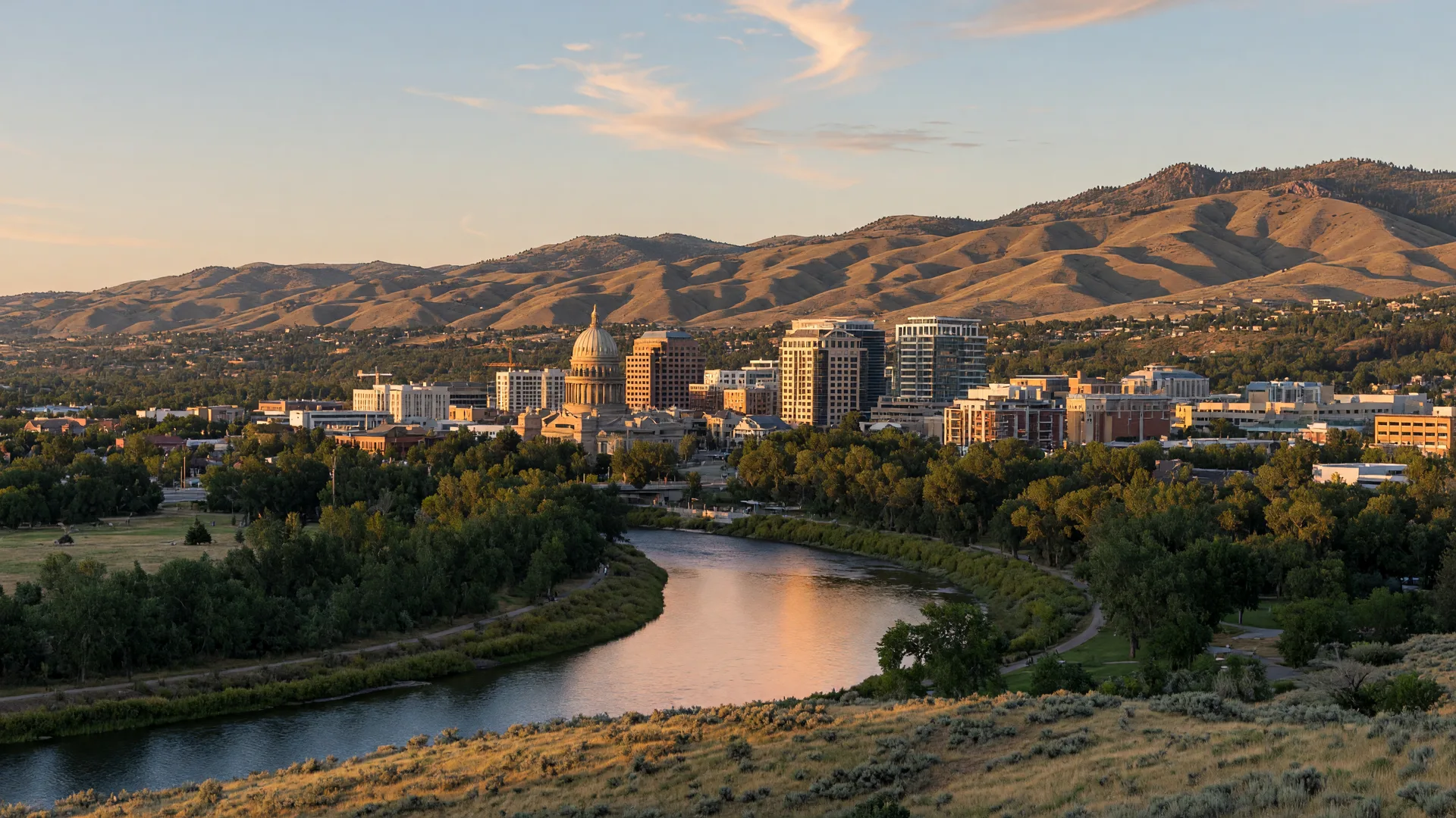 Downtown Boise, Idaho at golden hour with the river greenbelt and foothills behind the skyline