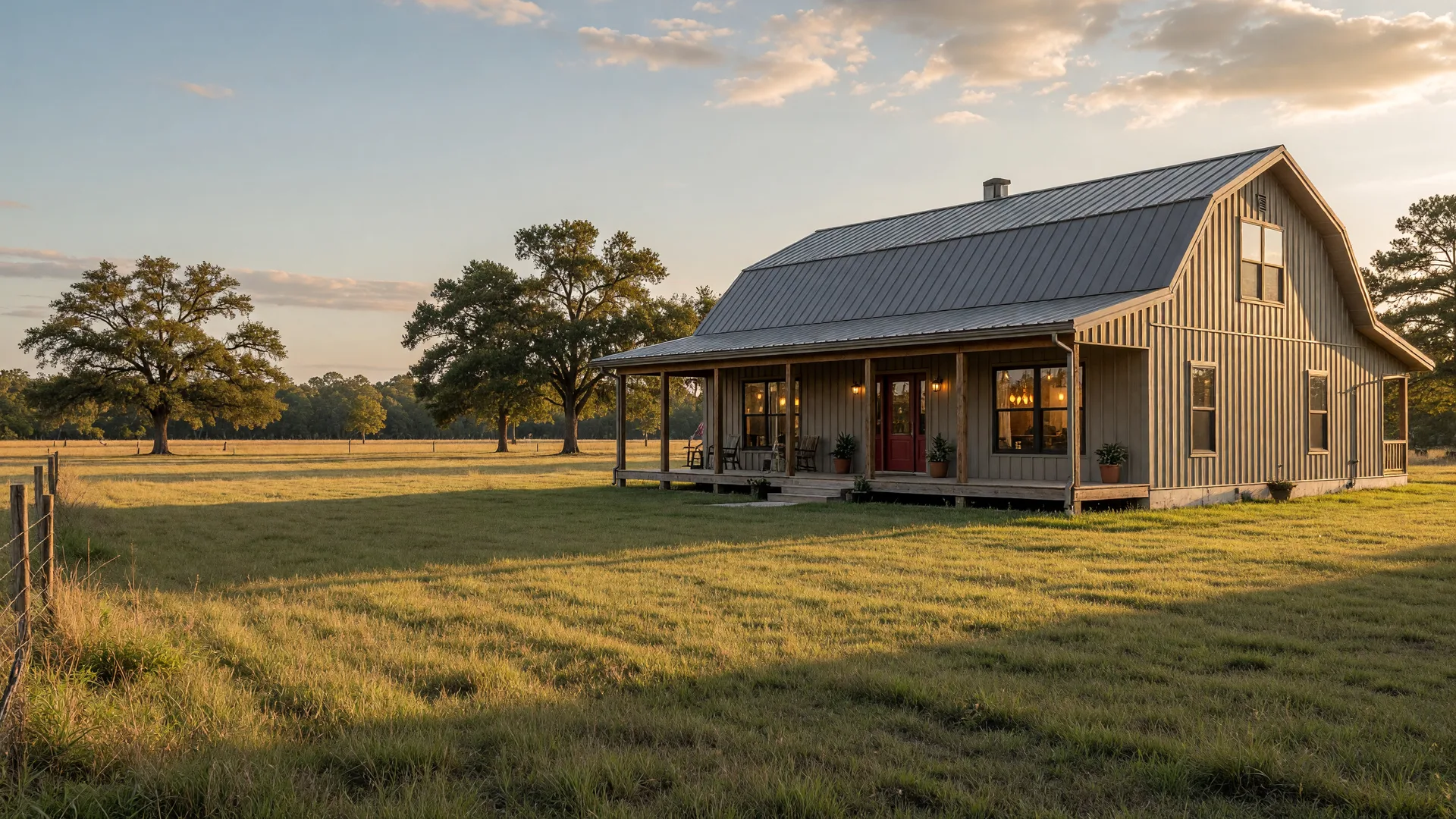 Metal barndominium on acreage at sunset in Northeast Texas