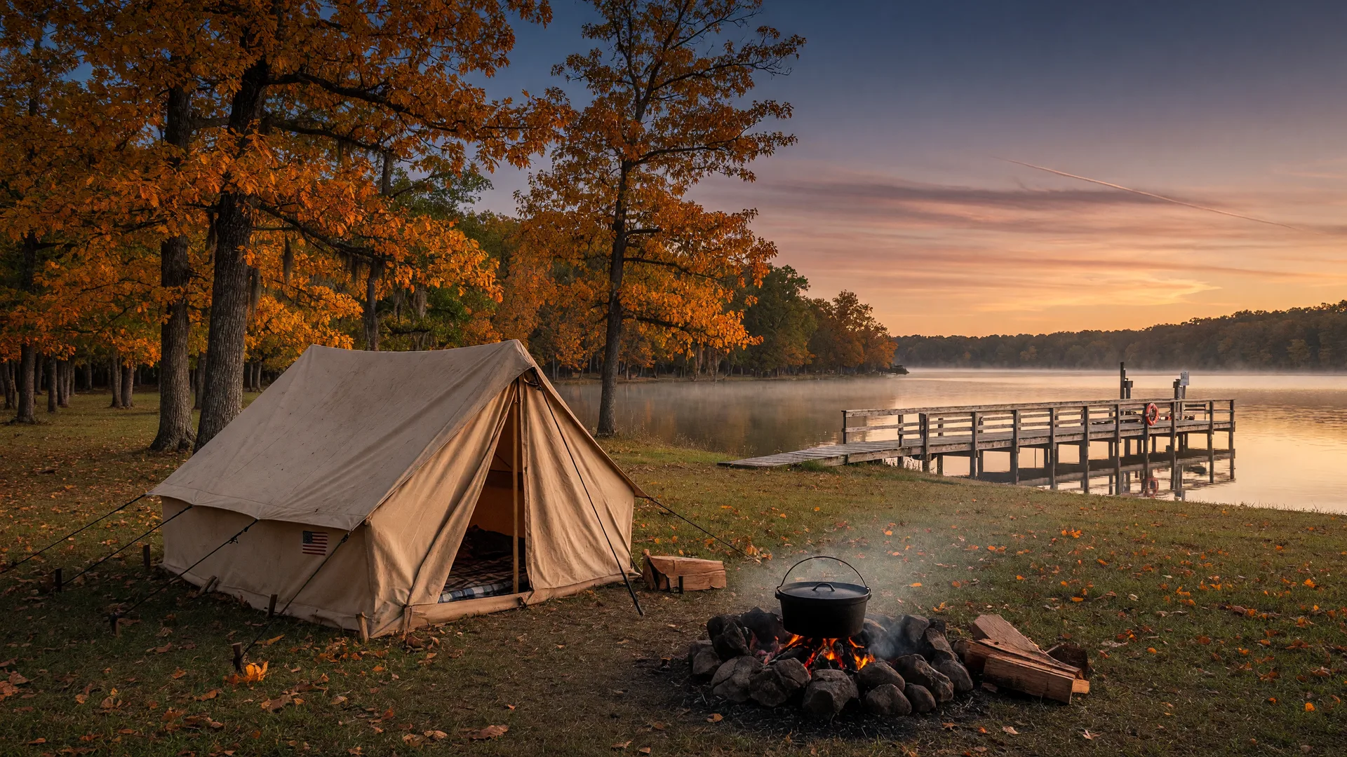 Golden-hour fall campsite at a Northeast Texas state park lake with a canvas tent, campfire, and oak trees in autumn color beside calm water