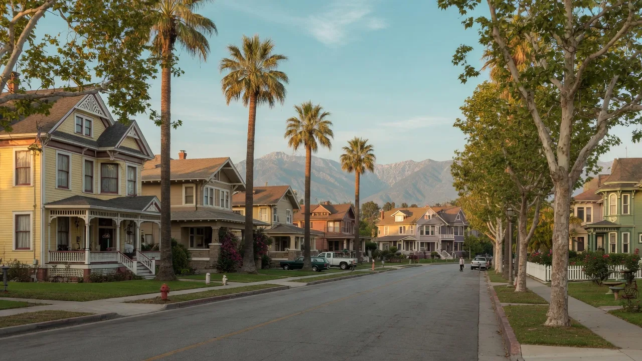 Tree-lined street in historic Redlands with classic homes, mature sycamores and palms, and the San Bernardino Mountains in the distance