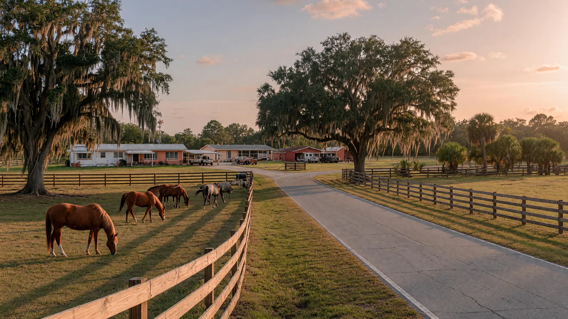 Western Broward ranch country in Davie, grazing horses beside a quiet road with live oaks