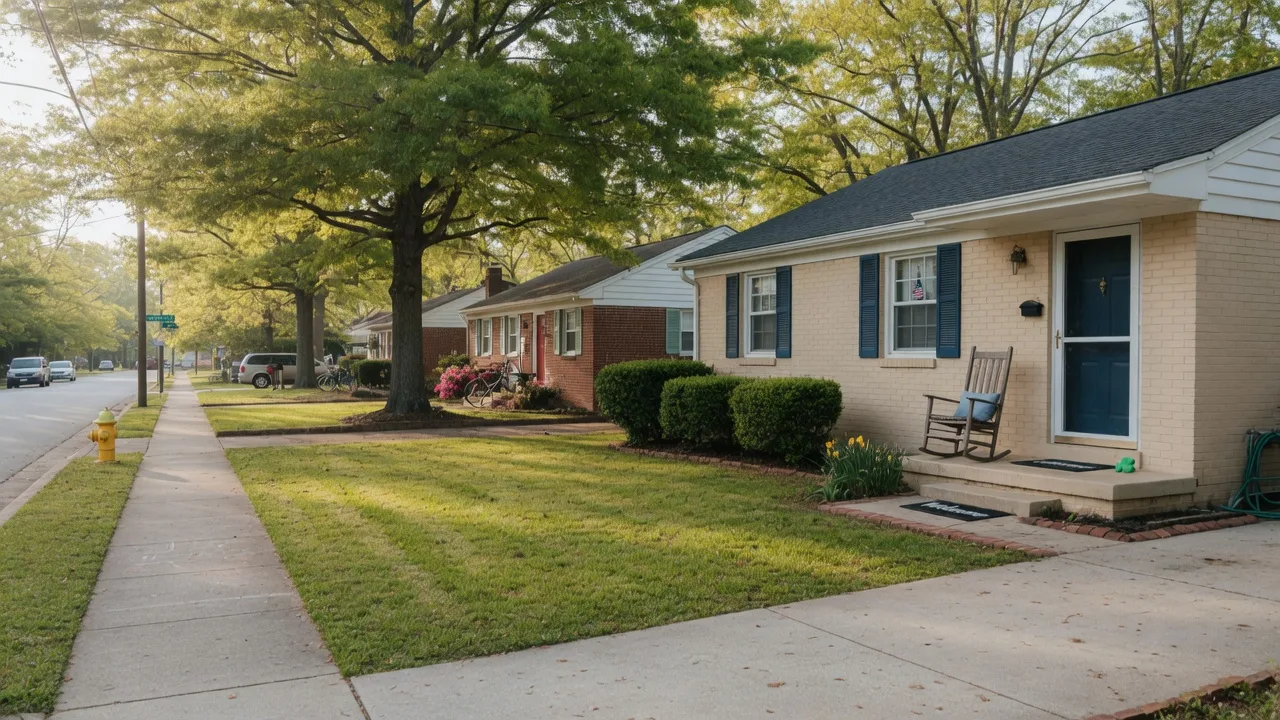 Starter home in a tree-lined Columbia SC neighborhood with a front porch and shady yard