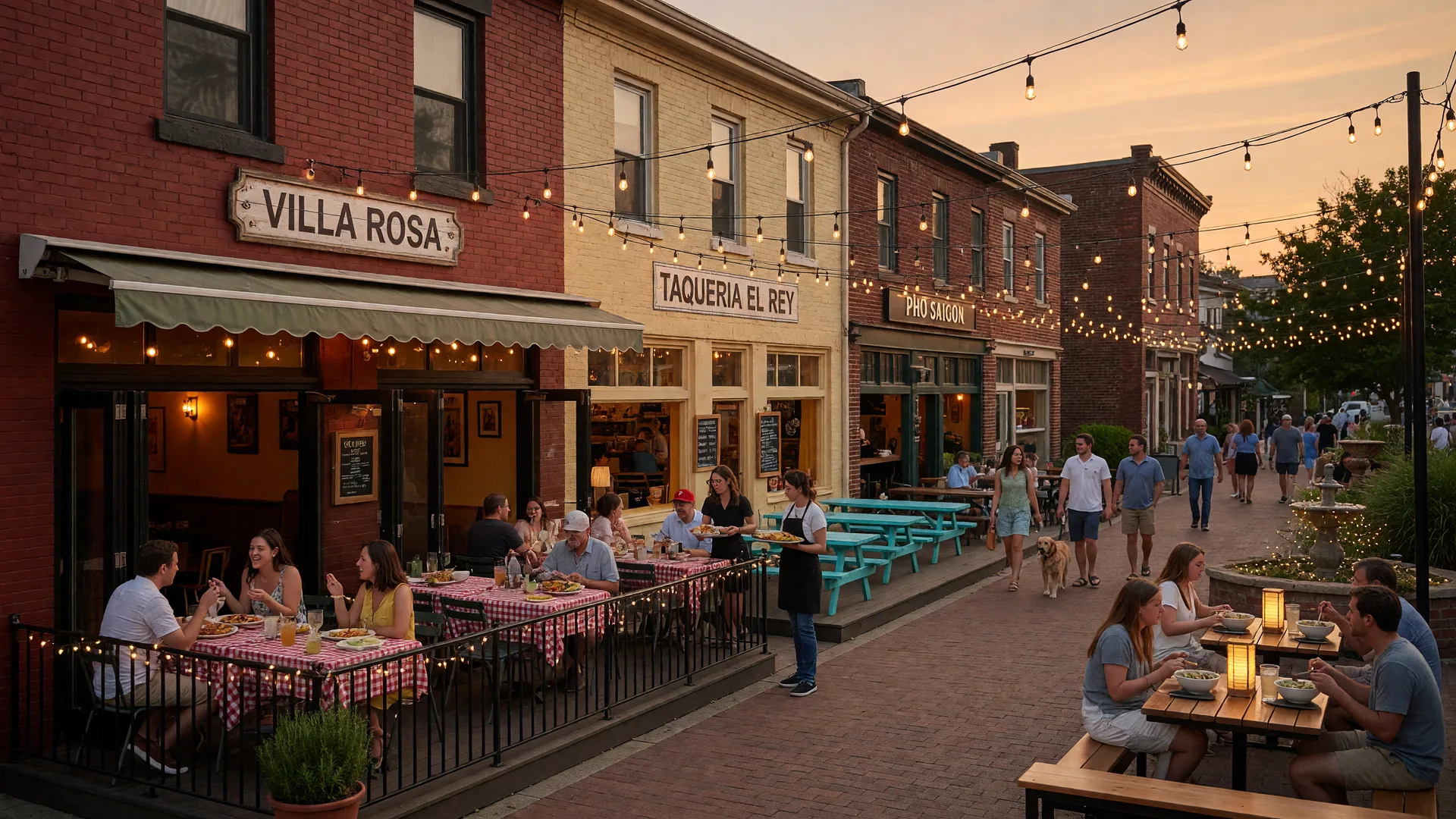Local independent eateries in King of Prussia with outdoor seating and string lights
