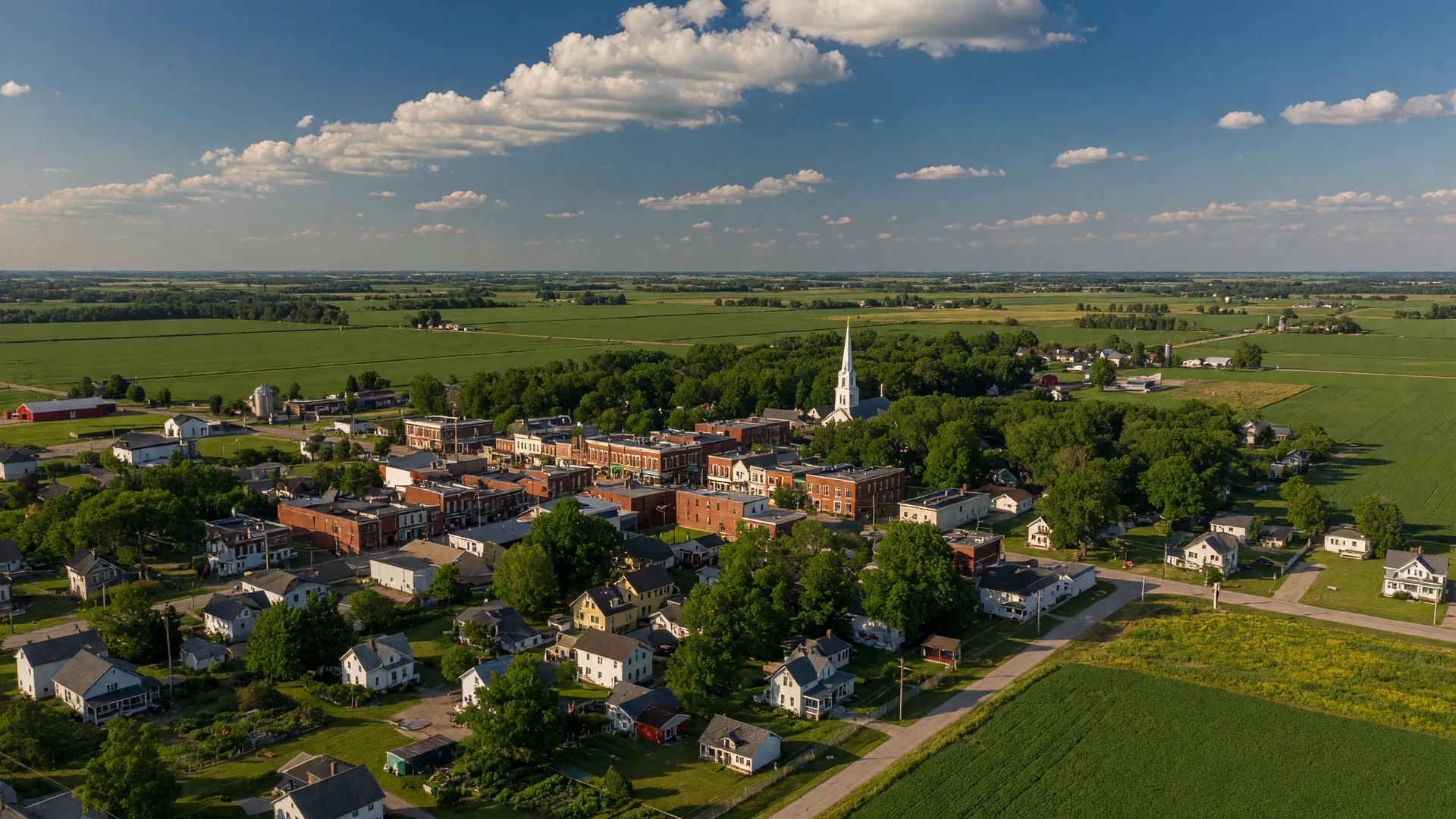 Aerial view of a rural Tuscola County Michigan town with historic brick storefronts, tree-lined streets, and green farmland on a summer afternoon
