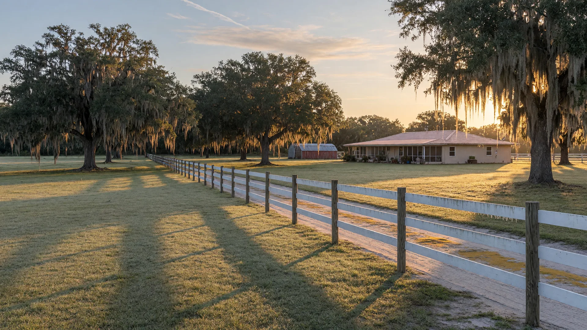 A Myakka City pasture at golden hour with a white horse fence and a metal-roof ranch home set back among live oaks draped in Spanish moss