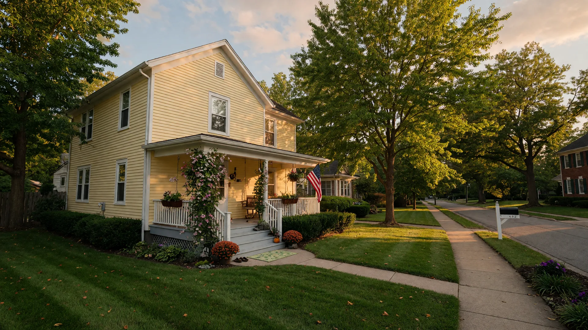A warm, well-maintained family home on a tree-lined street in late afternoon golden light