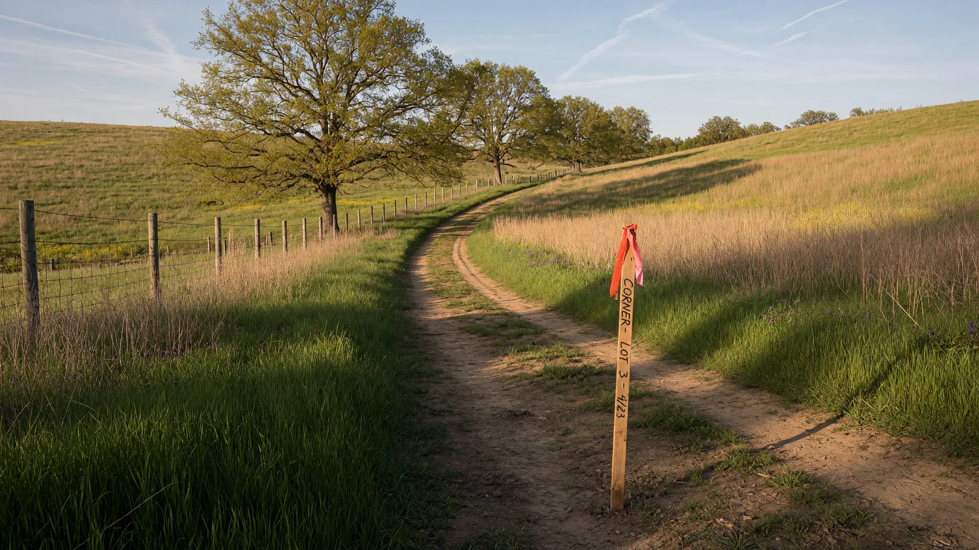 Vacant land parcel in rural Maryland with rolling hills, tall grass, oak trees along a fence line, and a survey stake marking the corner under warm afternoon sun