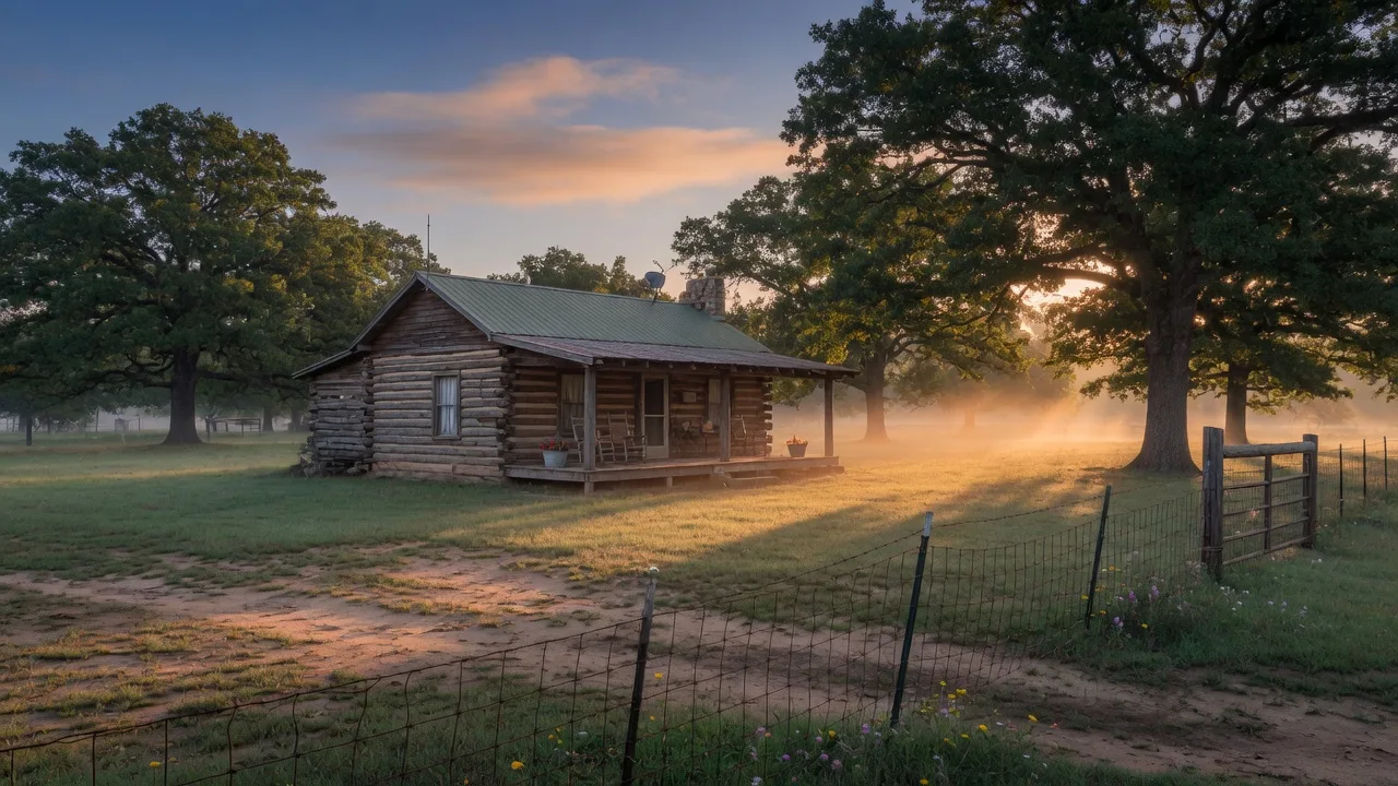 Golden sunrise over a log cabin on acreage in Northeast Texas with mist rising from the pasture