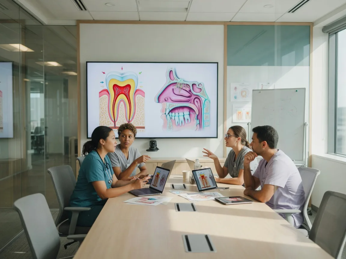 Dental professionals in a team training session collaborating around a conference table with presentation materials