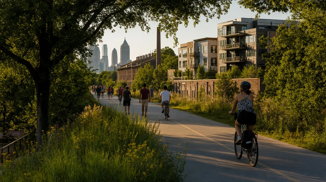 Atlanta BeltLine trail with walkers and cyclists on a summer afternoon, Midtown skyline in the distance