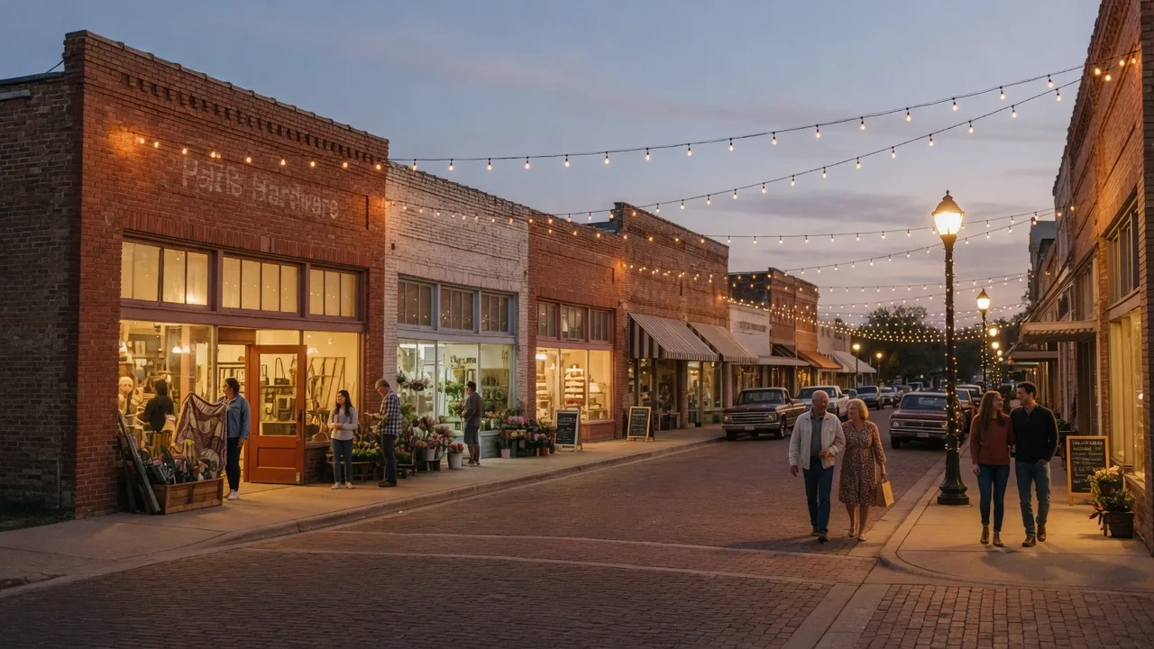 Small-town downtown Main Street at twilight with brick storefronts, warm string lights, and pedestrians walking under a soft blue dusk sky