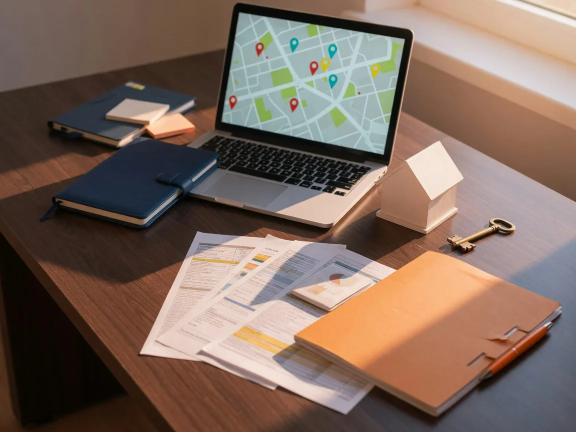 Investor workspace with a neighborhood map on a laptop, a model house, and a key