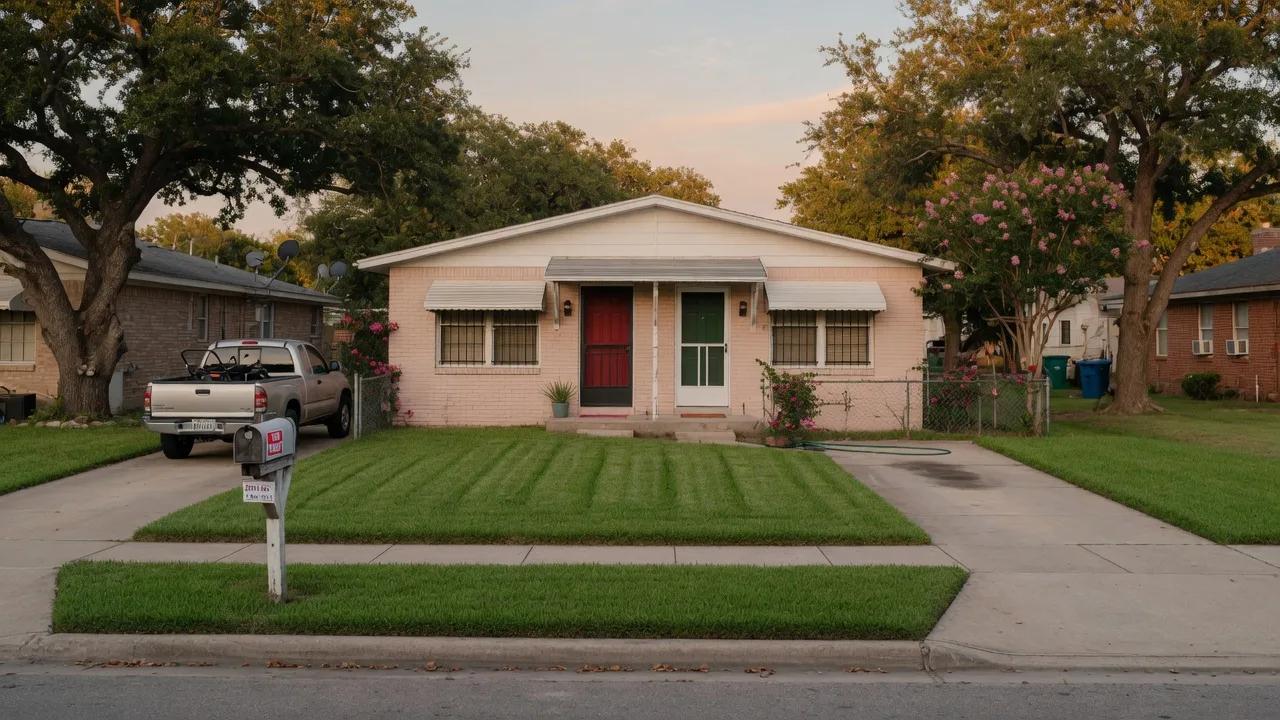 Classic two-door Texas duplex on a tidy San Antonio street in late-afternoon light