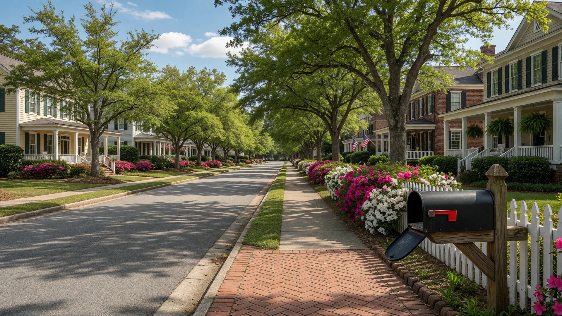 A tree-lined residential street in Aiken County SC with traditional Southern homes and an open mailbox in the foreground