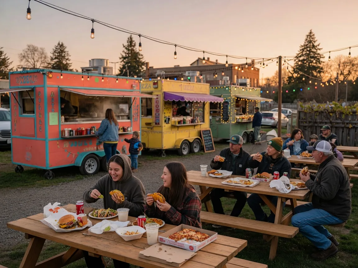 A lively food-cart pod in Troutdale with picnic tables, string lights, and diners enjoying tacos, burgers, and pizza