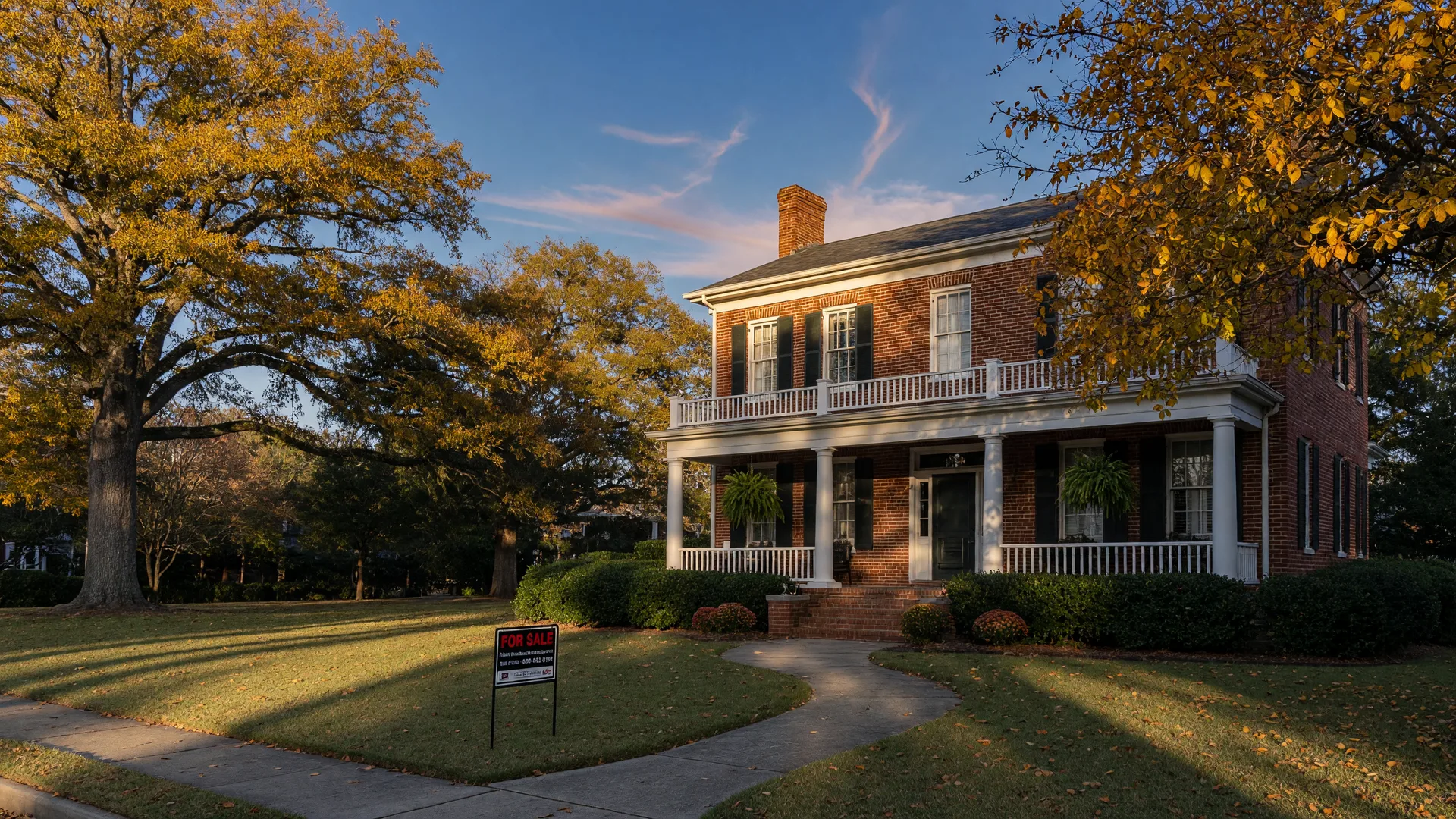 A classic Southern brick home in Aiken SC with a for-sale sign in the front yard on a sunny autumn afternoon