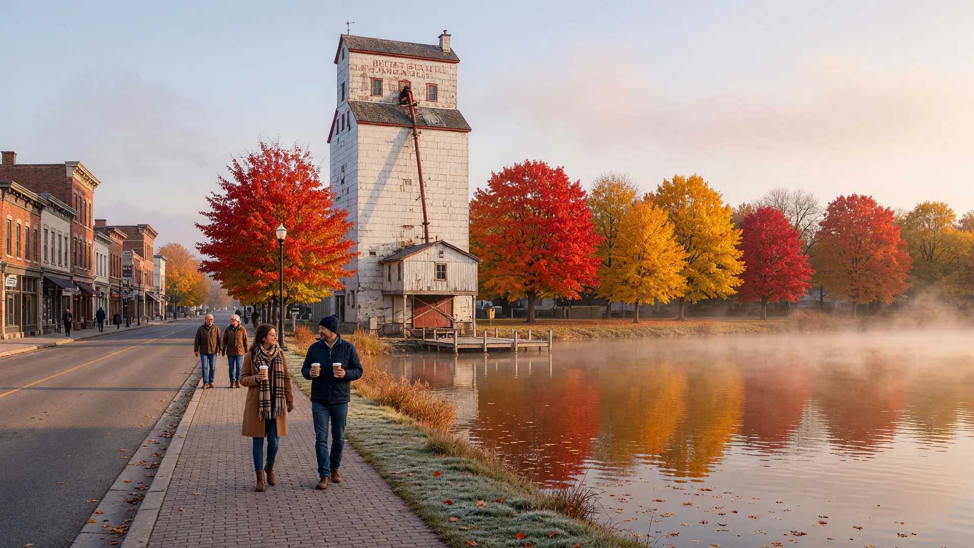The Port Perry lakefront on a mid-October morning: the historic white grain elevator rising beside the calm gold and amber water of Lake Scugog, maples in full fall colour along the shore path and a light mist over the water