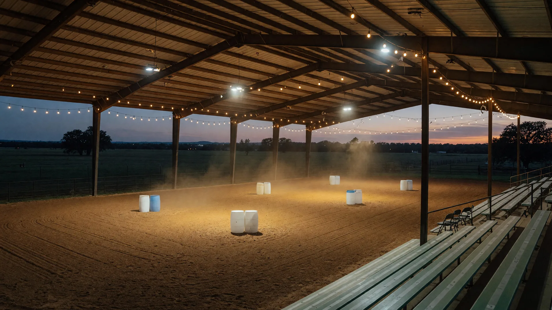 A covered equestrian arena in rural Texas in early evening with a groomed barrel racing surface, warm string lights, empty bleachers, and open ranch pasture beyond