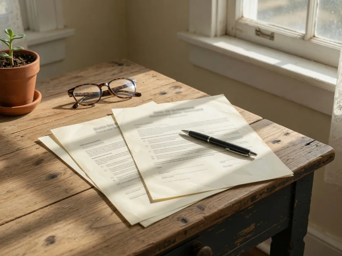A real estate contract and pen on a farmhouse desk by a bright window in soft morning light