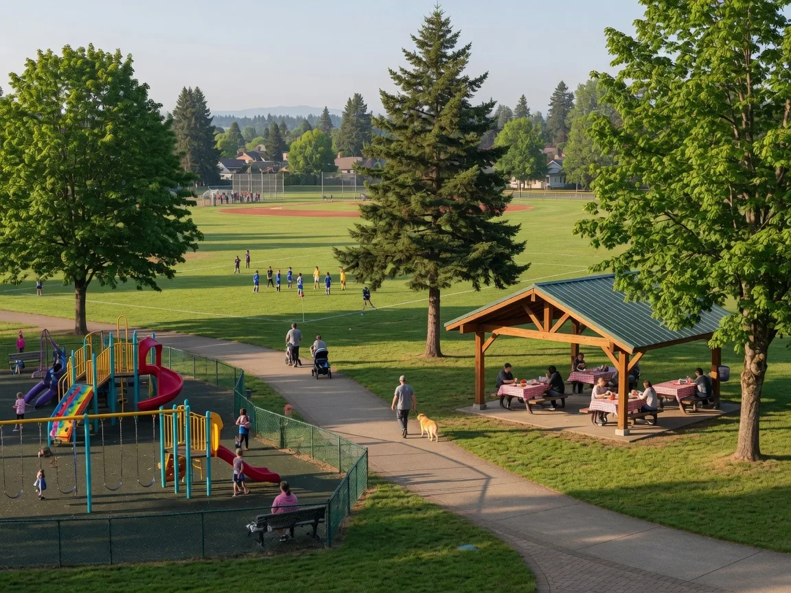 A community park in Cornelius with green ball fields, a playground, and tall shade trees on a sunny morning
