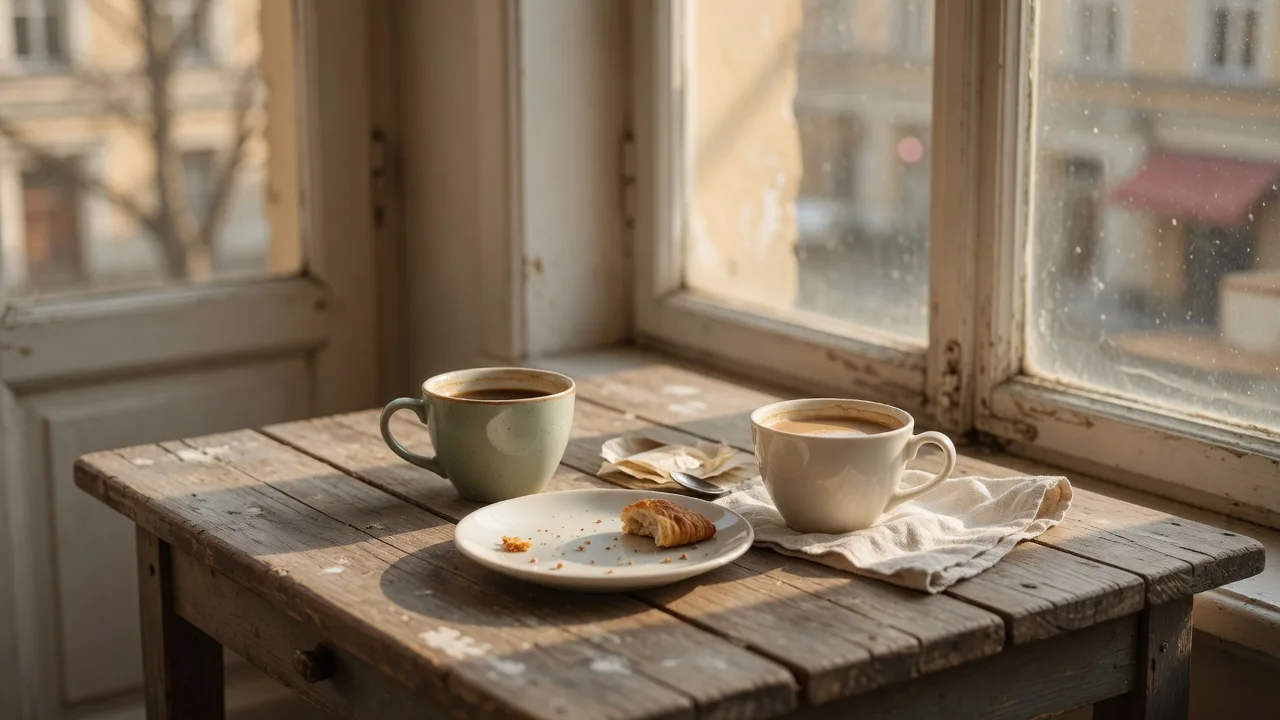A small cafe table with two cups and a plate on a rustic wooden table by a window