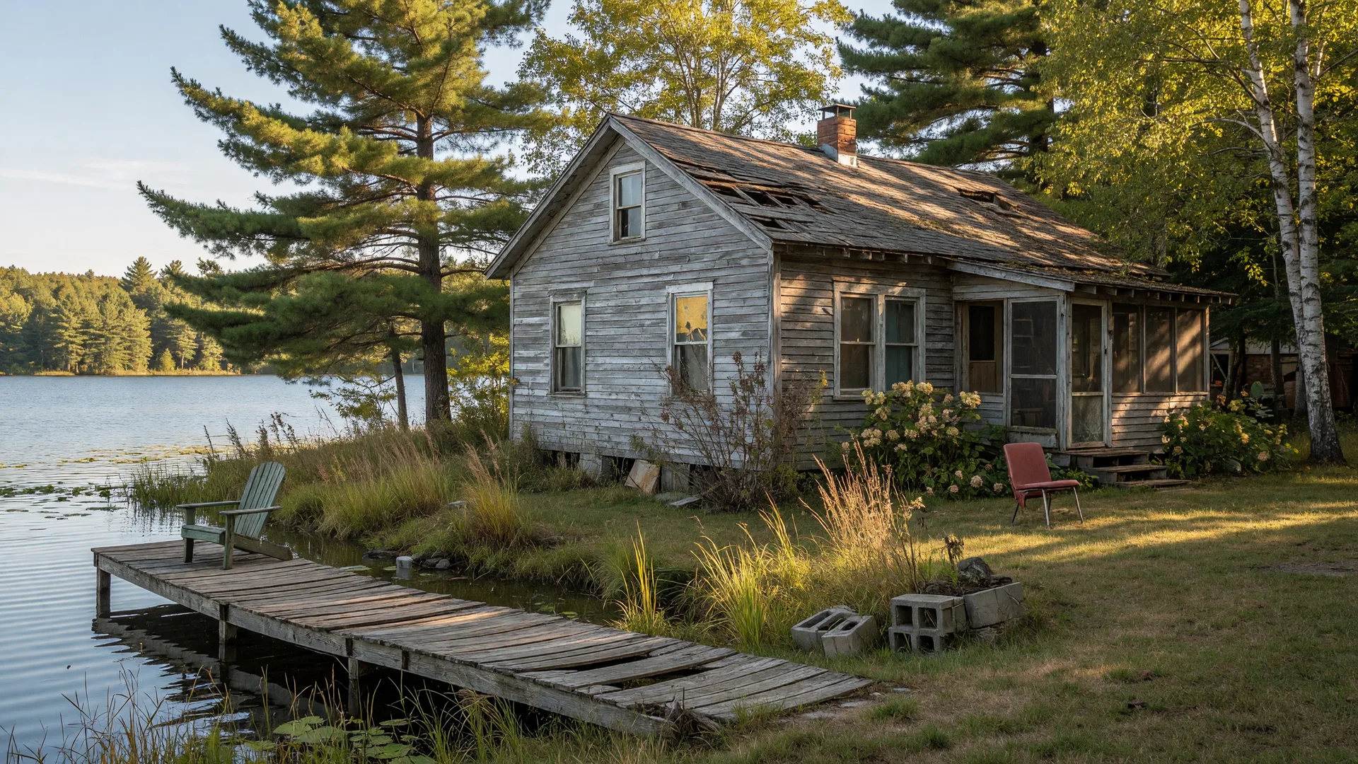 Weathered lake cabin in need of updates on a Minnesota lake