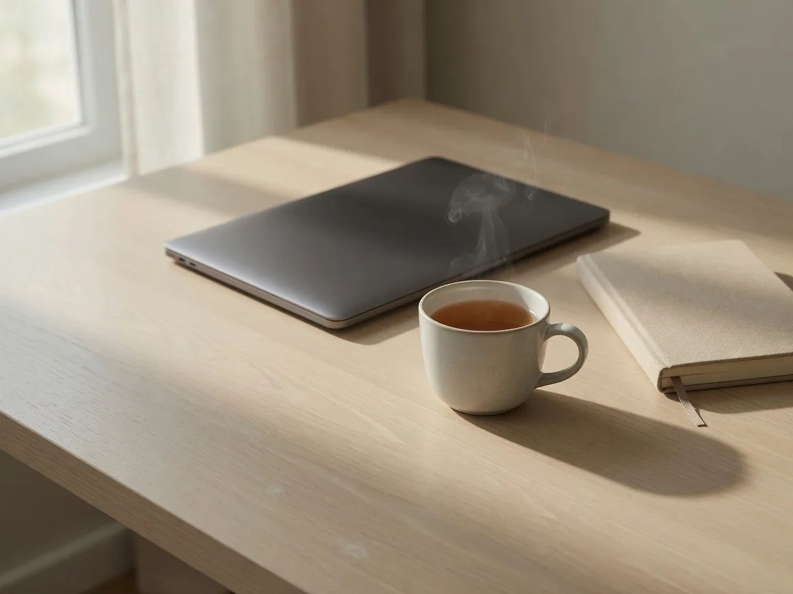 A tidy modern desk with a laptop, a cup of tea, and a closed notebook in soft morning light