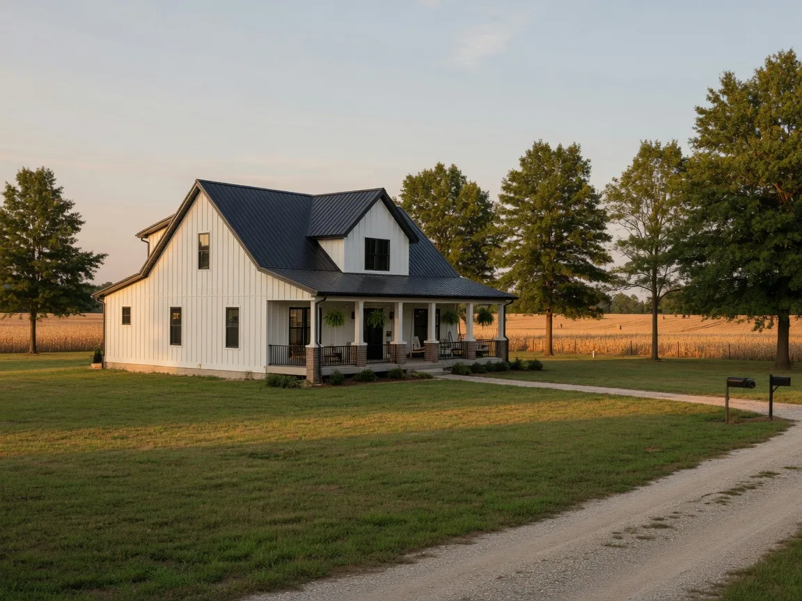 A newer farmhouse-style home on a large grassy lot in rural Hamilton County Indiana