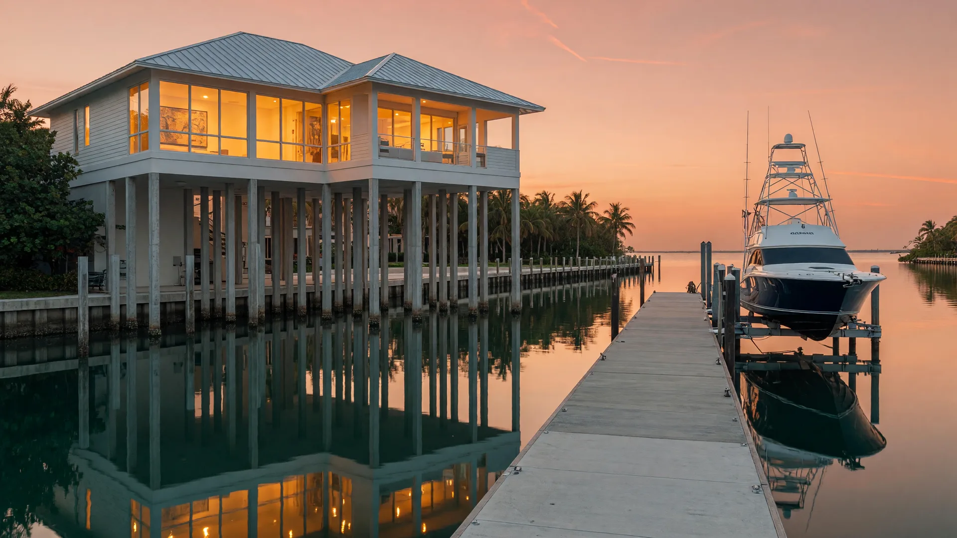 A luxury Florida Keys waterfront home raised high on tall concrete pilings above a deep-water canal at golden hour, standing-seam metal roof and floor-to-ceiling impact glass glowing warm amber, a long private dock with a boat lift and sportfishing yacht in glassy water