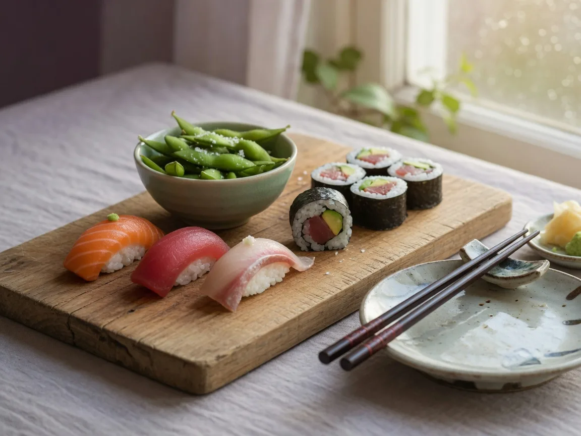 A wooden board with nigiri, maki rolls and edamame beside chopsticks