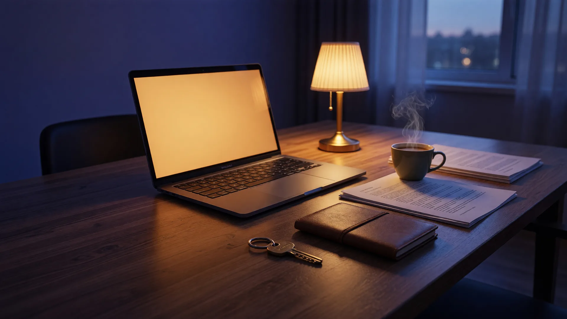 An open laptop at dusk beside printed documents, a coffee cup, and a house key, lit by warm light against deep shadows