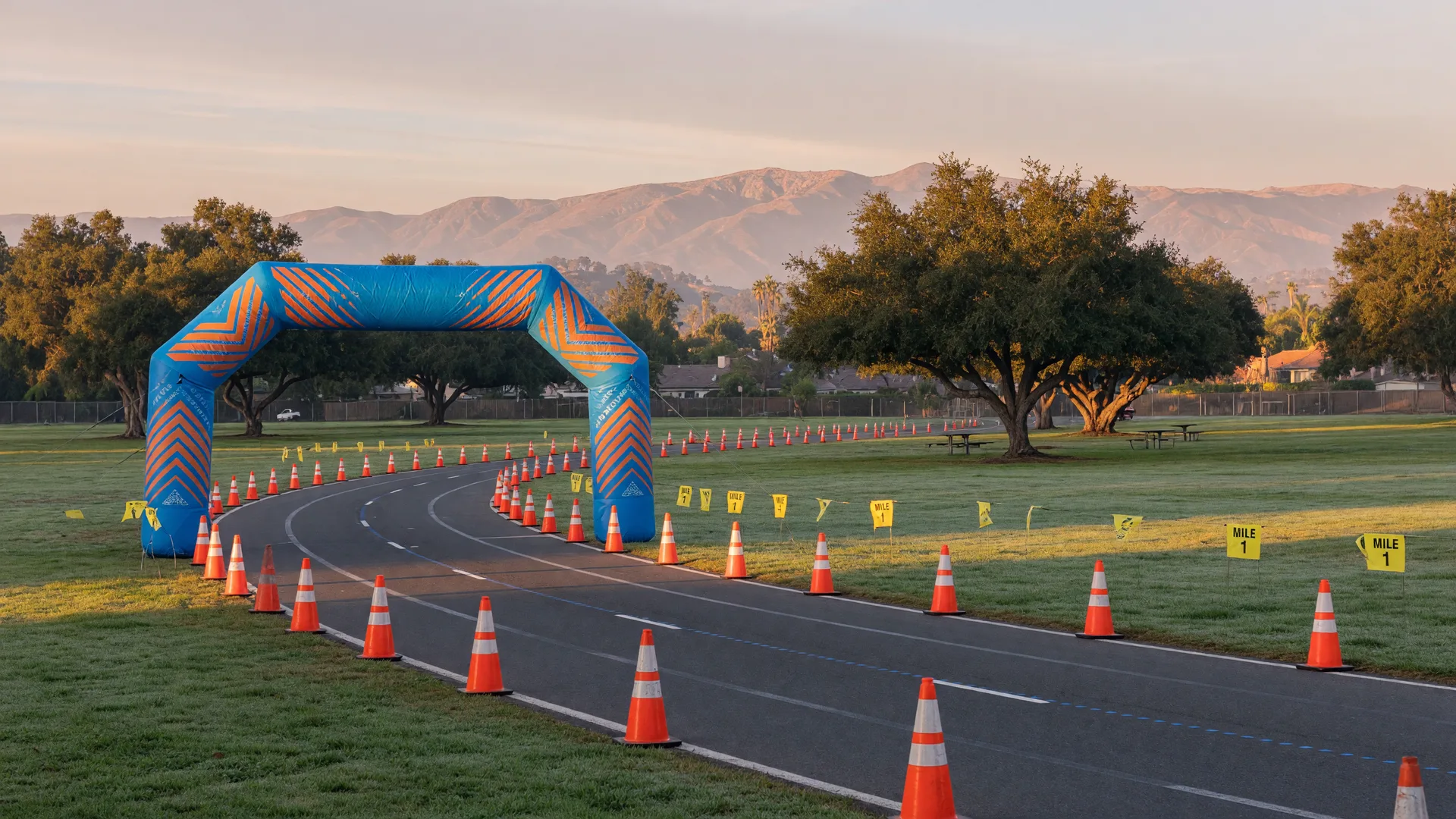 The Santa Clarita Marathon start arch and cones along a dewy park pathway at dawn in Heritage Park
