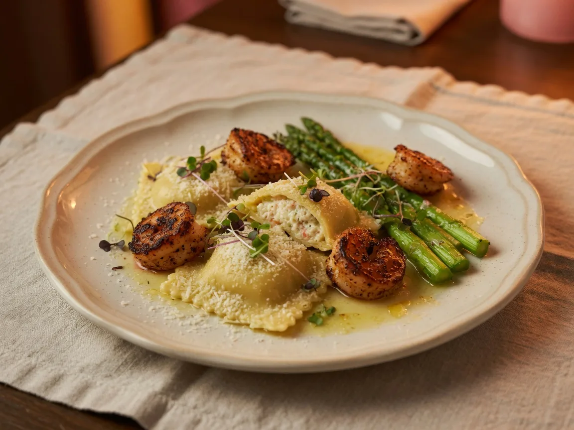 Handcrafted crab ravioli with blackened shrimp and asparagus, a house signature at Pasta Masters Cucina in Hoschton Georgia