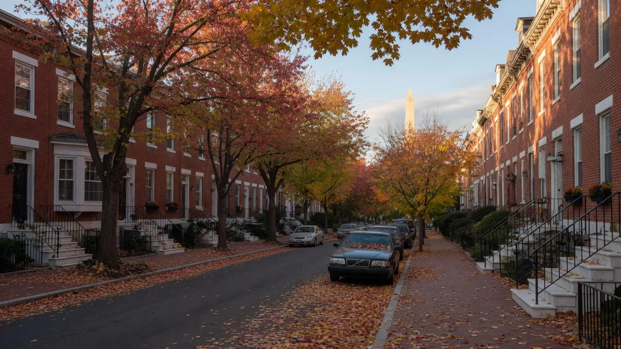 Tree-lined street of brick rowhouses in Washington DC on a crisp late-October morning, red and gold autumn foliage over the facades, warm low sun on white marble front steps, with the Washington Monument faintly visible on the horizon