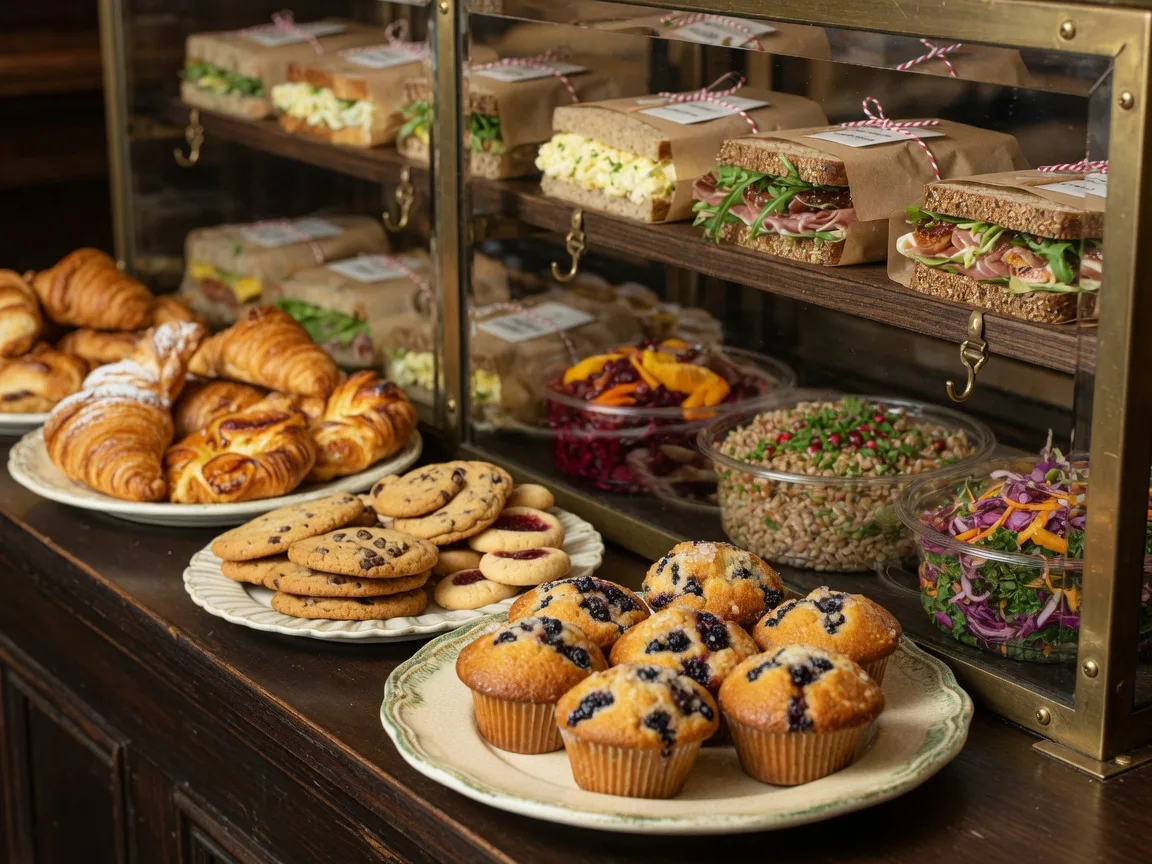 The bakery case at Main St. Deli in Buford Georgia with fresh muffins, cookies, and pastries in the foreground and wrapped sandwiches behind the glass
