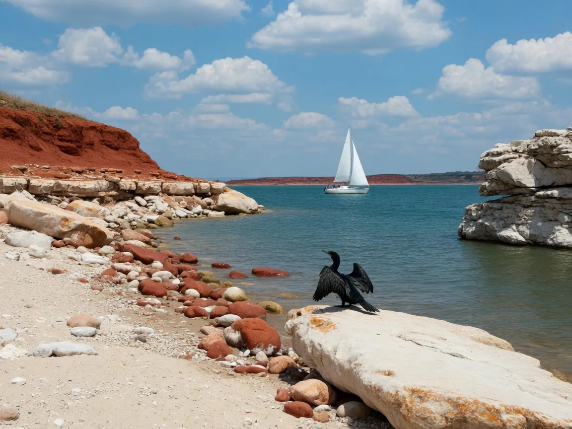 Rocky Lake Texoma shoreline with a distant sailboat on teal water near Kingston