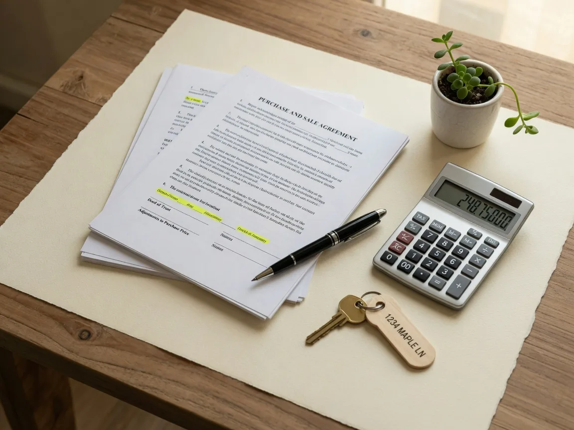 Documents, calculator, pen, house key, and small plant arranged on a wooden desk surface representing the closing process