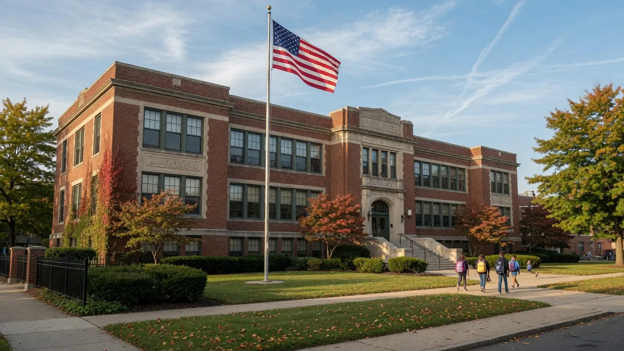 A historic brick Bloomfield public school building with stone trim and an American flag on a bright early-autumn morning as students head back to class