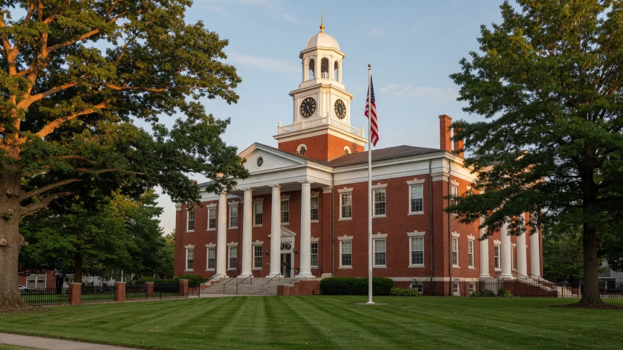 Historic Burlington County courthouse in Mount Holly, New Jersey on a summer morning