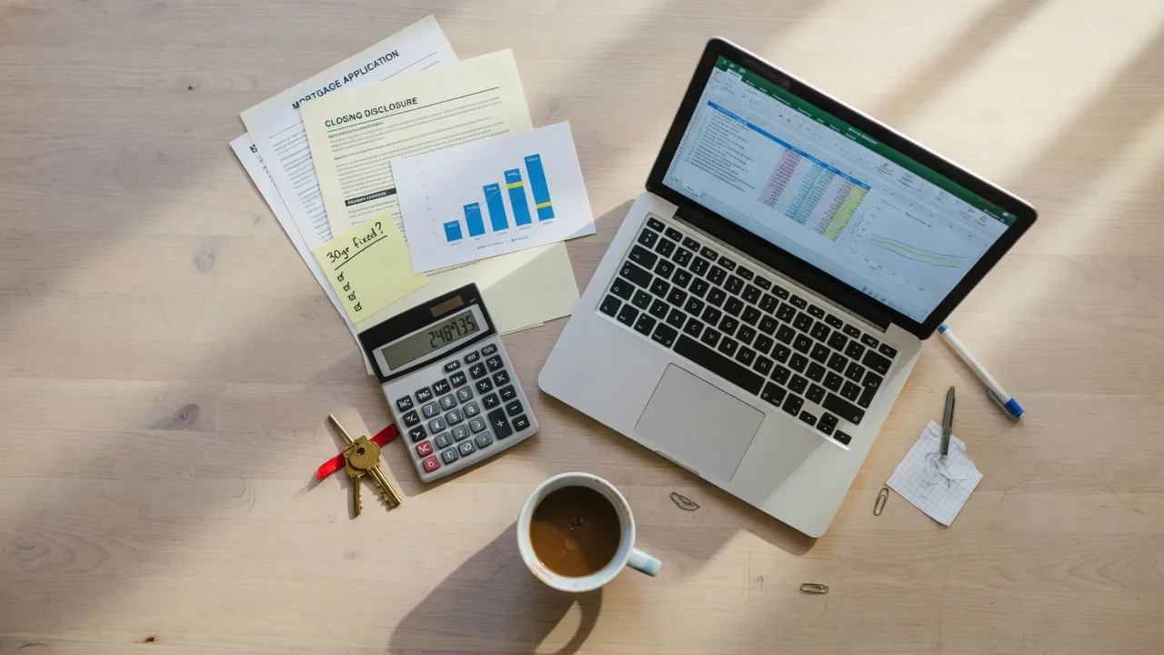 Overhead view of a kitchen table with a calculator, mortgage documents, a laptop, and a brass house key for affordability planning
