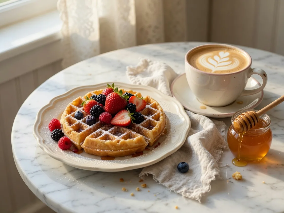 A golden waffle with berries and powdered sugar beside a latte with latte art on a marble table