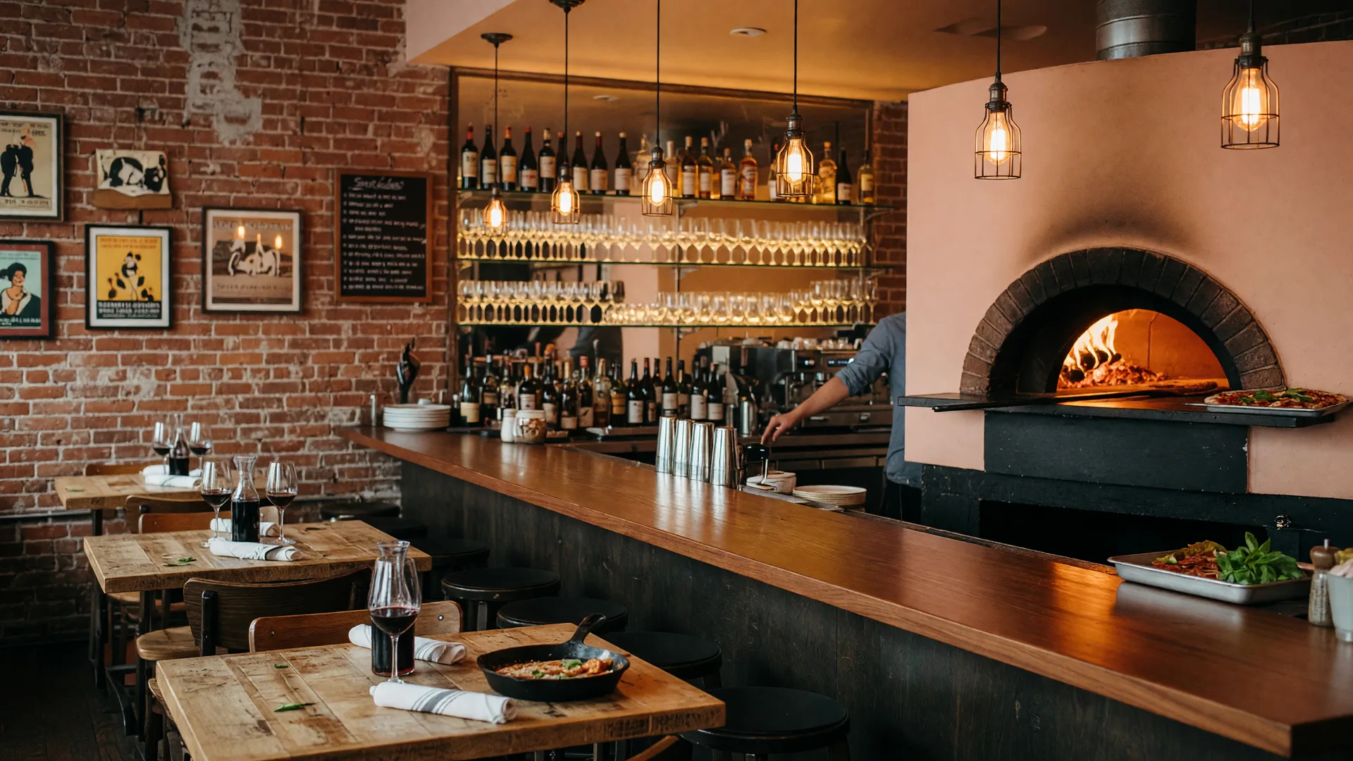 The warm rustic interior of Parma Tavern in Buford Georgia, exposed brick, reclaimed wood tables, Edison bulb pendant lights over the bar, and a glowing stone pizza oven