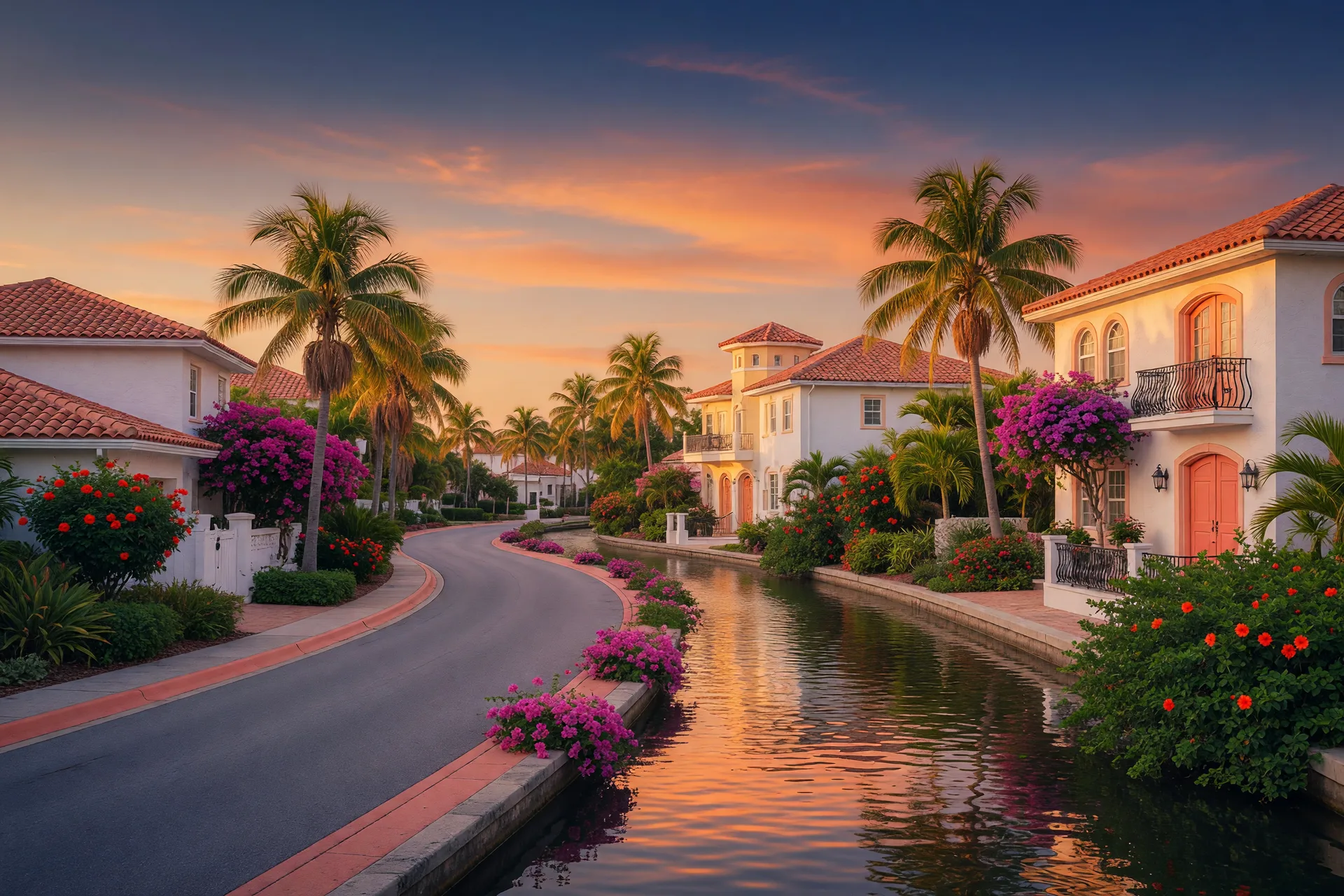 A golden-hour Florida neighborhood with warm light over tree-lined streets and homes