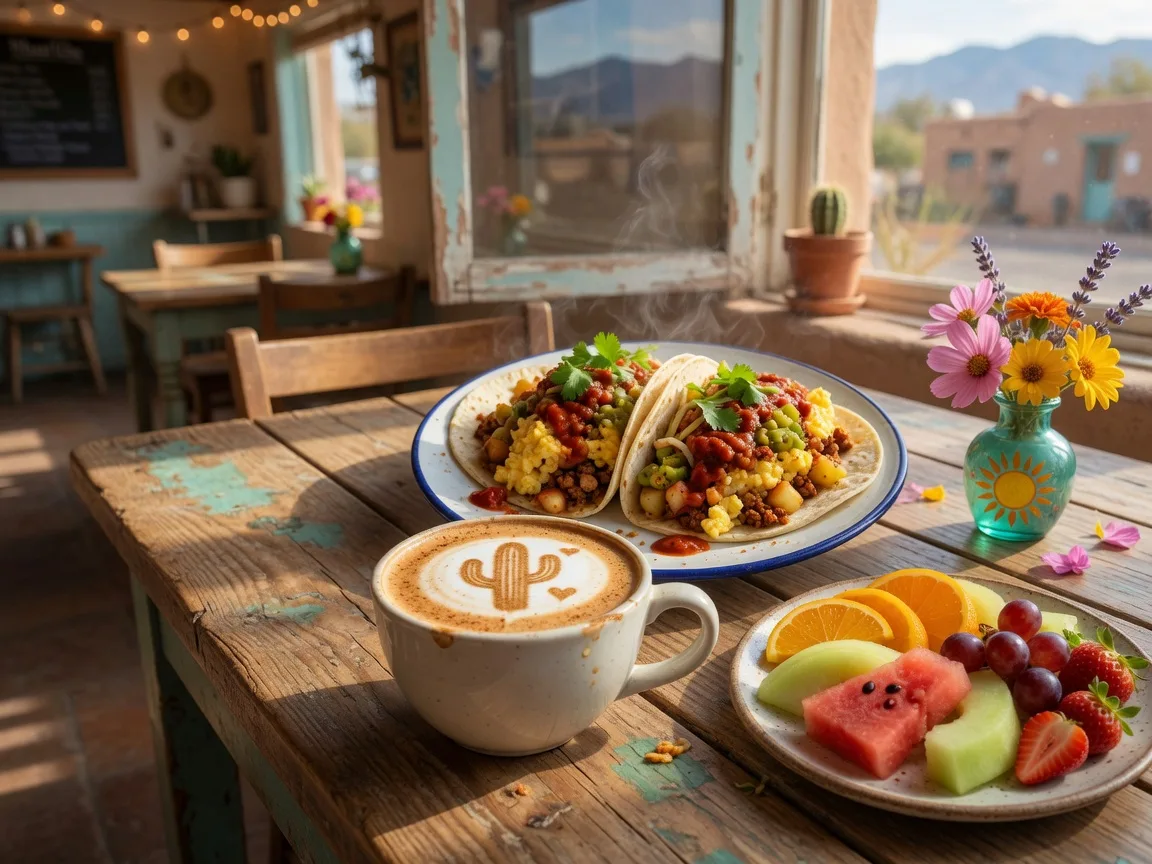 Cappuccino with latte art and a plate of breakfast tacos with red and green chile at a sunny table in a downtown Albuquerque coffee shop