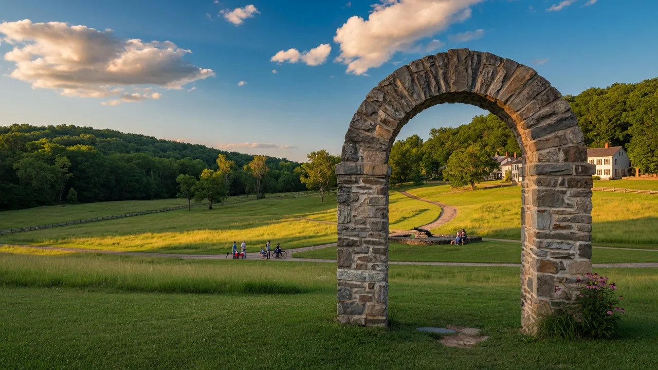Fort Washington State Park with rolling green fields and historic stone archway on a summer afternoon