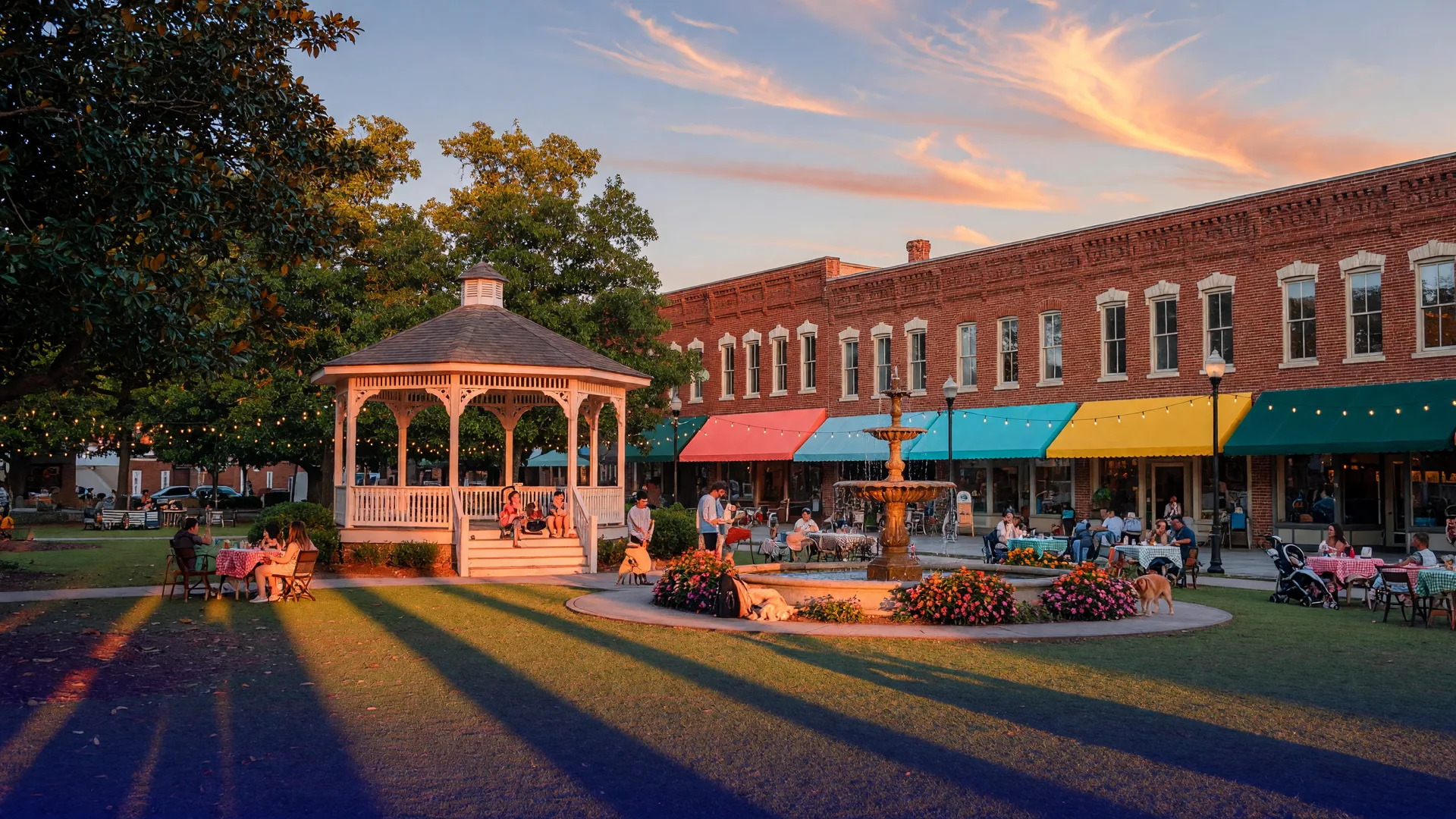 Marietta Square's Glover Park at golden hour with the white gazebo, historic fountain, and brick storefronts around the square