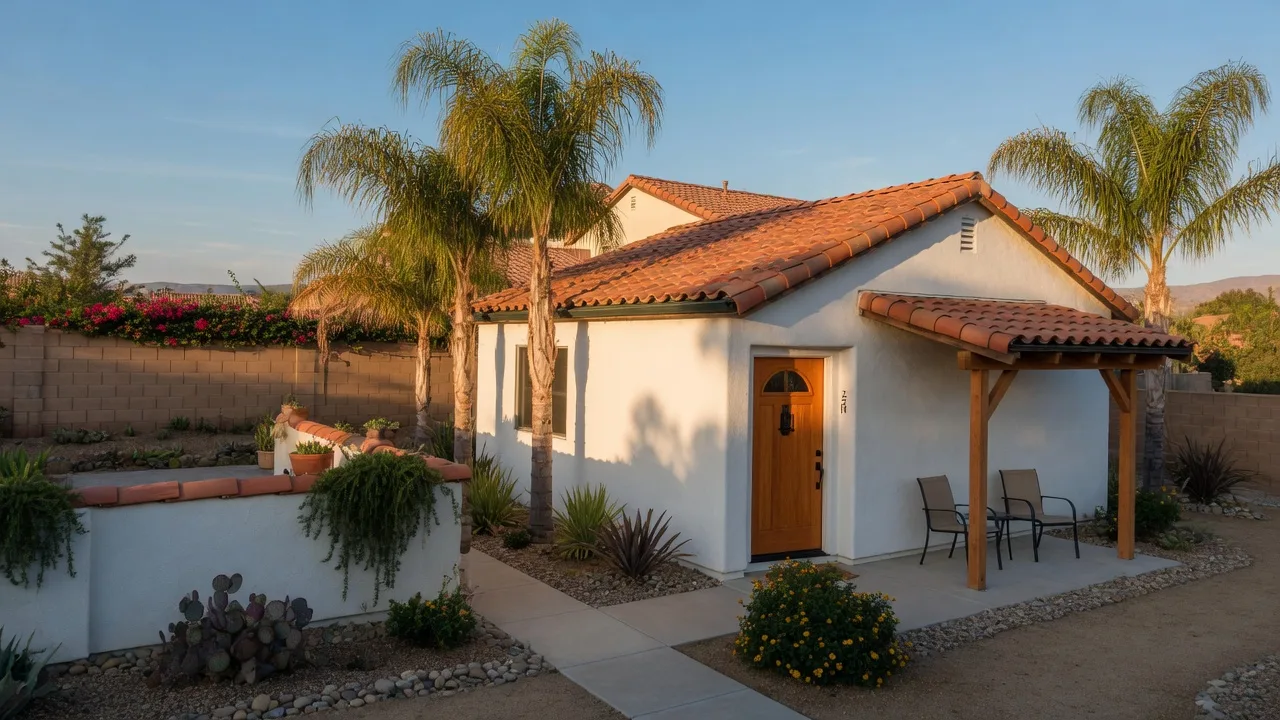 A newly finished accessory dwelling unit in a sunny Murrieta backyard: a detached white stucco guest cottage with a clay tile roof, wooden front door, and small covered patio among palms